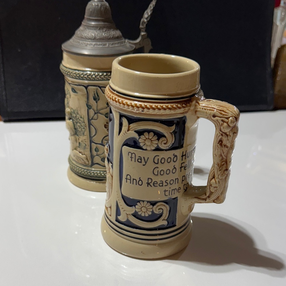 2 Ceramic Beer Steins One with Lid - Blue and Cream